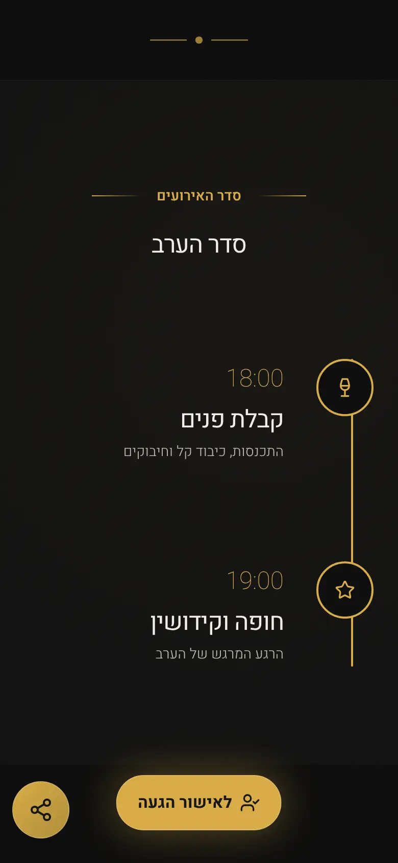 ההזמנה בטלפון, עם הכפתור "לאישור הגעה" בתחתית המסך